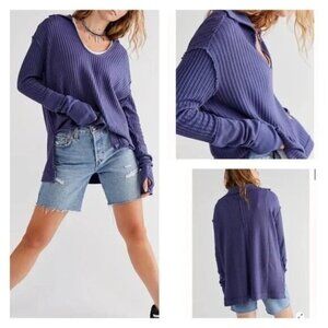 NWT Free People Raymond Thermal Waffle Knit Oversized Pullover Size XS  Blue Blu